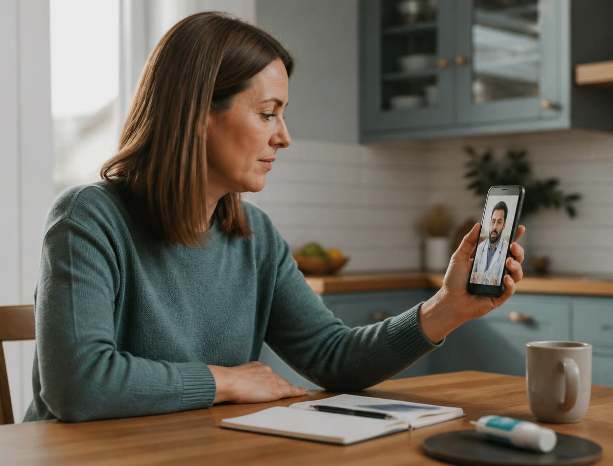 Woman at her kitchen table on a video consultation with a pharmacist
