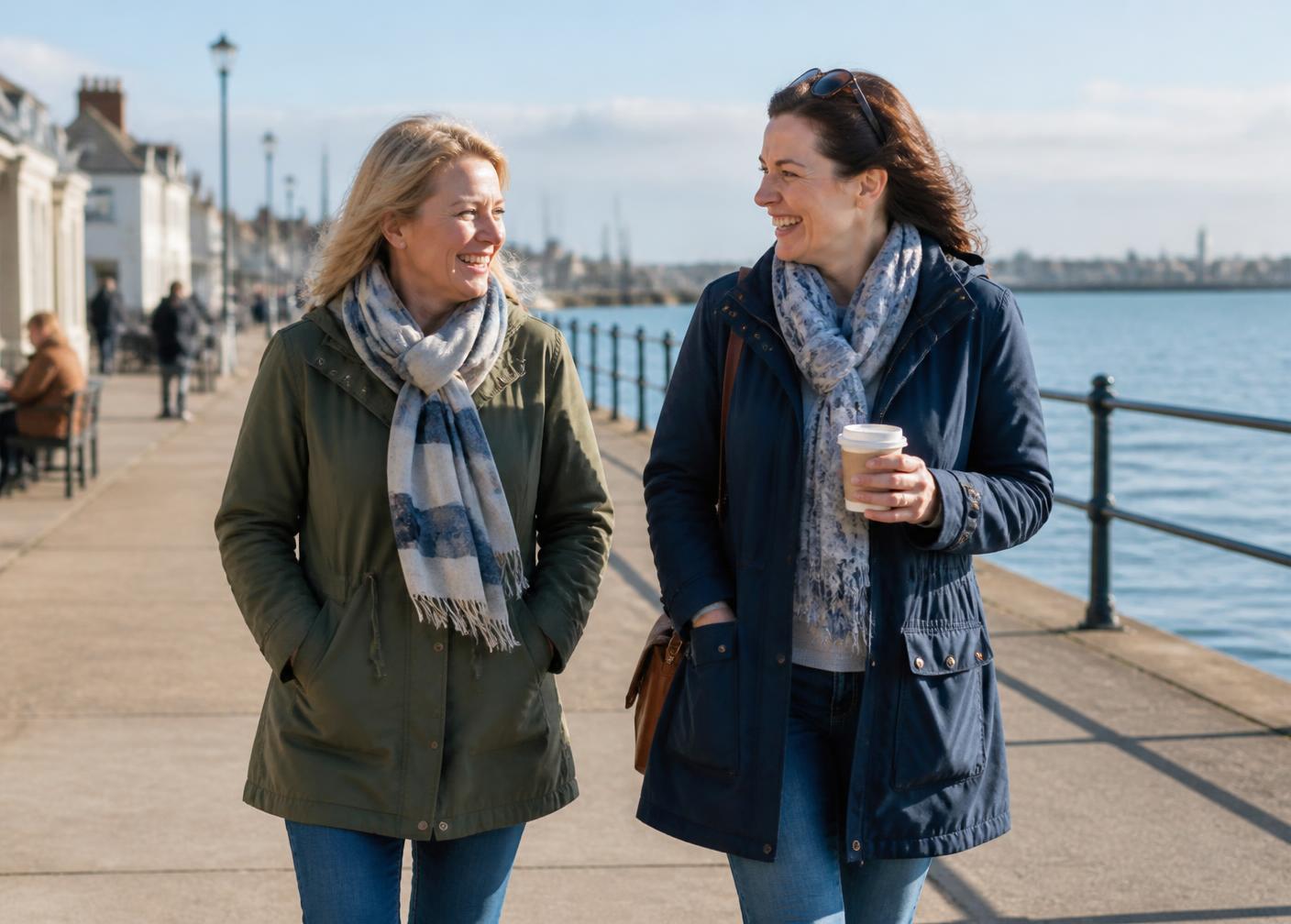Two women walking and talking along the Portsmouth waterfront
